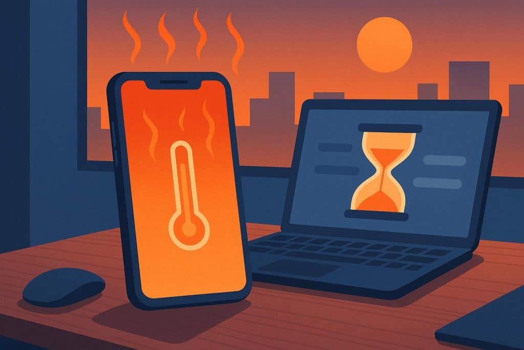 Your Hot Phone Is Costing You Hours: How Overheating Slows Down Remote Work in 2026 Smartphone overheating on a desk, disrupting productivity for remote work tasks