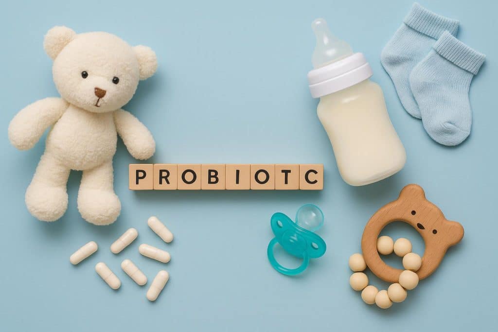 Baby probiotic supplements and bottles on a table, highlighting gut health for new parents