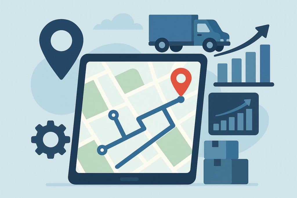 Route Optimization Software for Growing Companies Delivery truck on city map with route lines illustrating route optimization for businesses