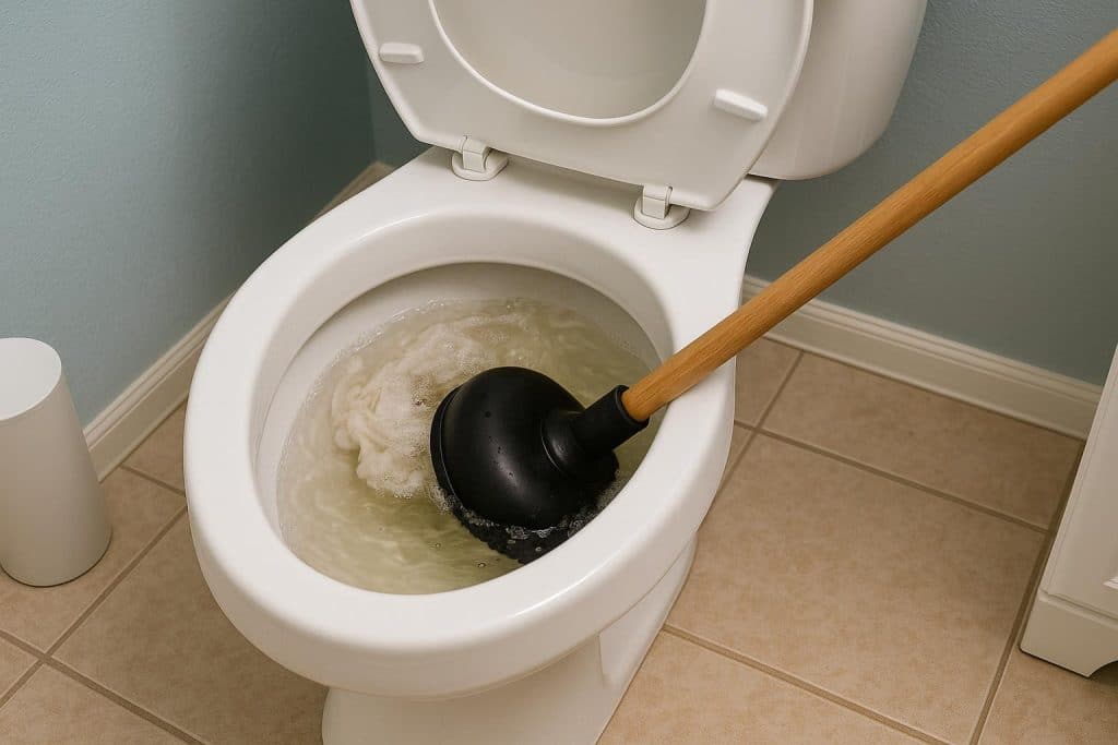 Plunger clearing blocked toilet bowl, demonstrating unclogging steps for bathroom maintenance