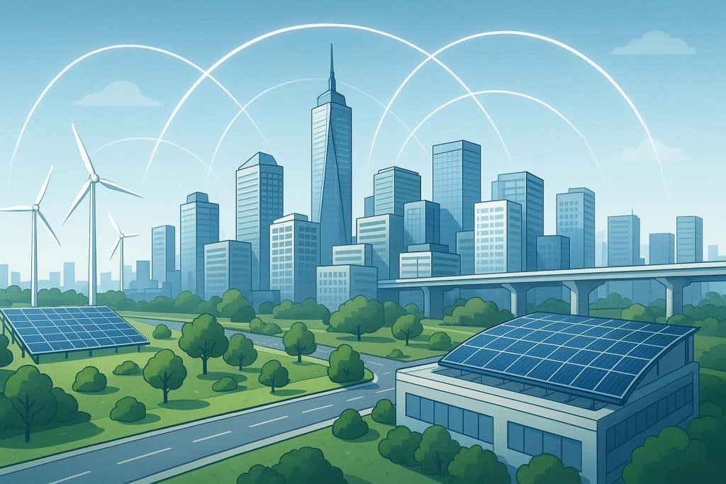 Smart city skyline with eco-friendly infrastructure and green technology innovations