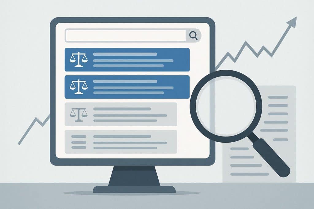 Laptop screen displaying law firm websites ranking in search engine results for legal services.