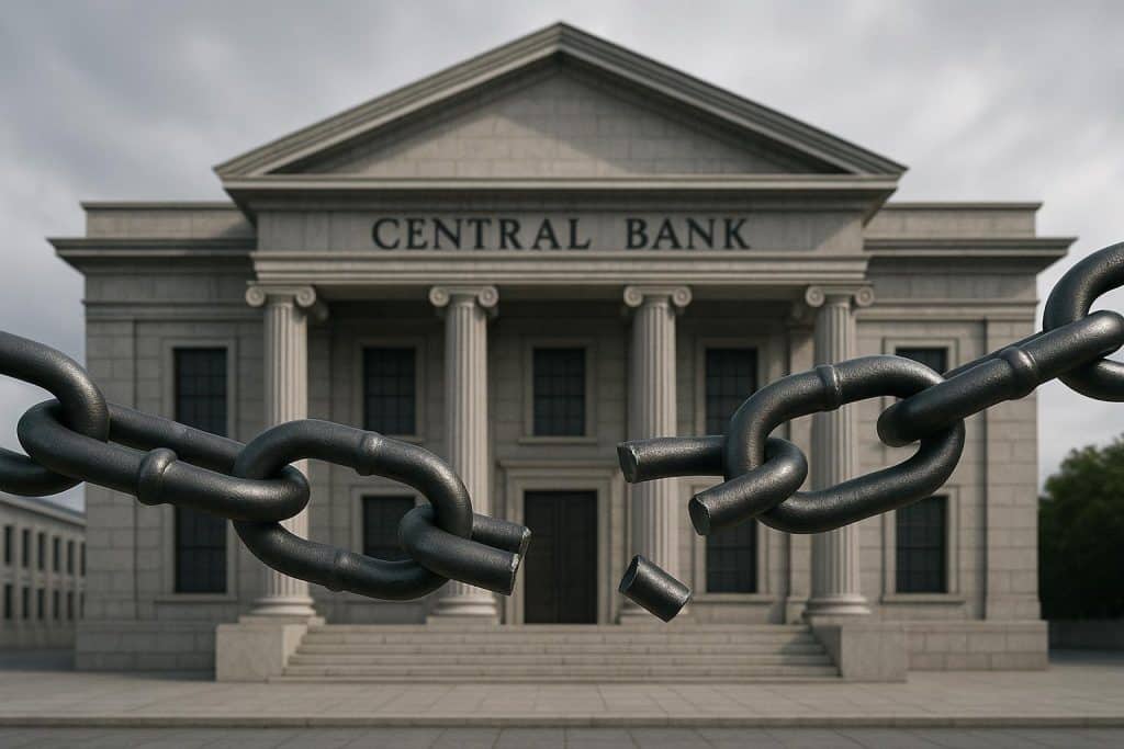 Central Bank Independence Is a Law Until It Isn’t Central bank building with legal documents symbolizing independence and economic policy authority