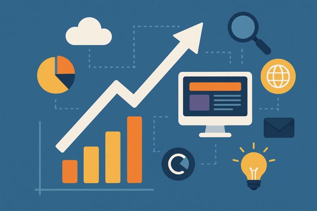 Why Every Growing Business Needs a Complete Digital Strategy Modern workspace with laptop, charts, and smartphone illustrating digital business strategy essentials