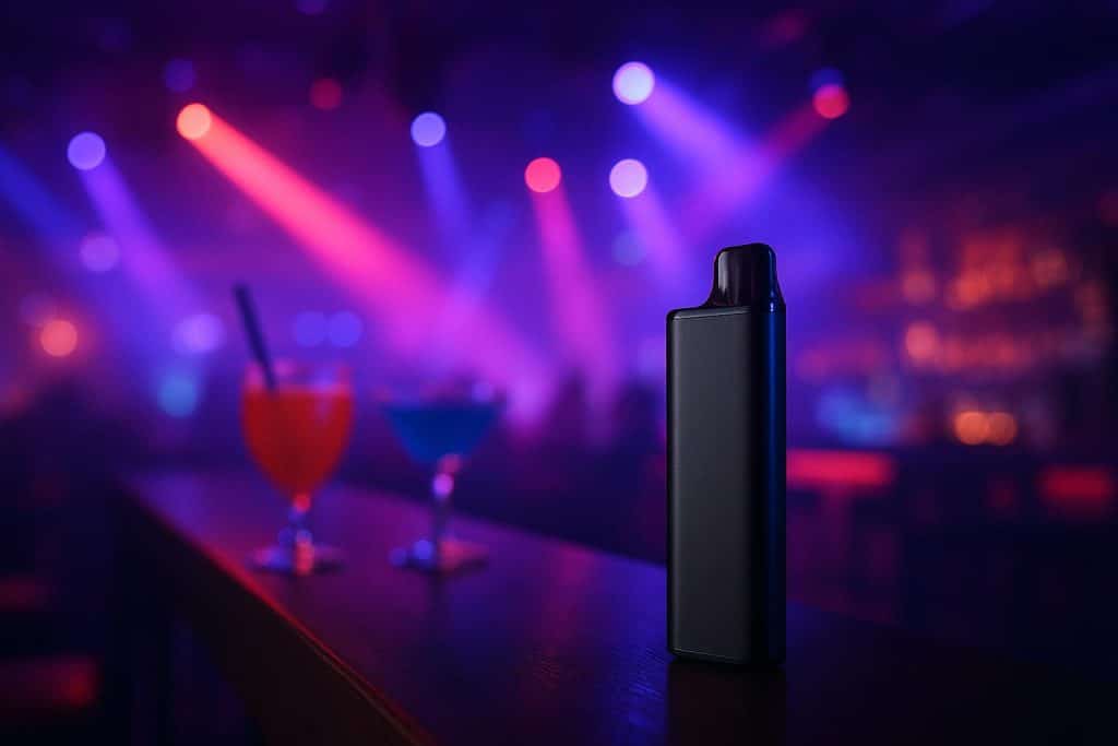 Vaping And Nightlife: Why Convenience Wins In Every Social Situation Sleek vape device placed on a nightclub table with drinks, highlighting nightlife convenience