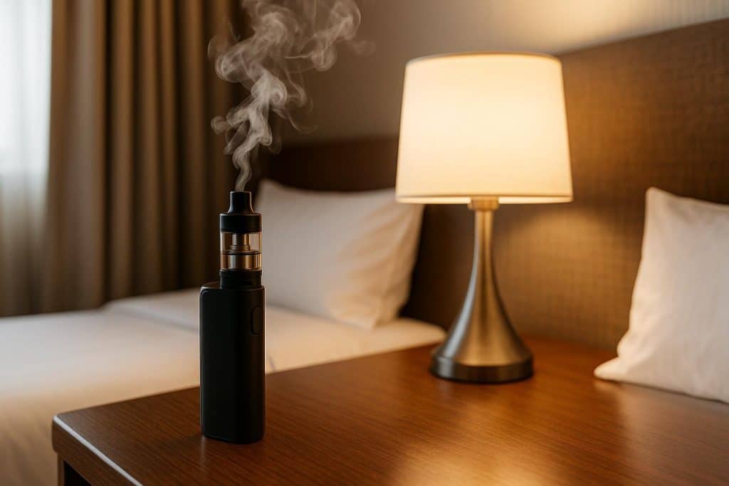 The Discreet Traveler: How To Vape Politely While Staying In A Hotel Vape device discreetly placed on a hotel room desk with suitcase and travel essentials nearby