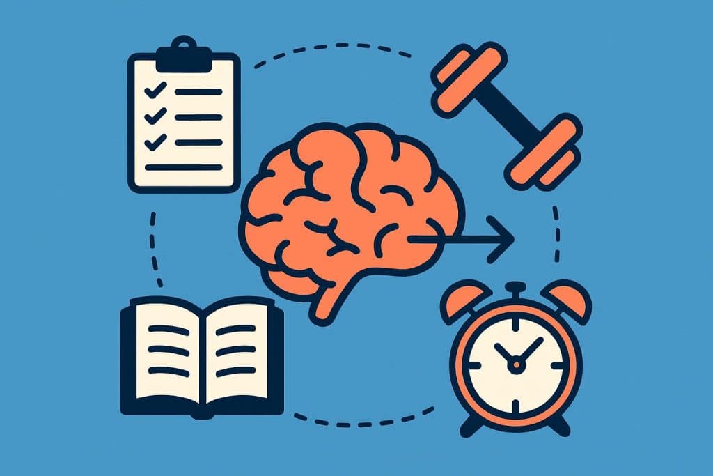 Focused student studying with books and laptop to improve concentration and attention span