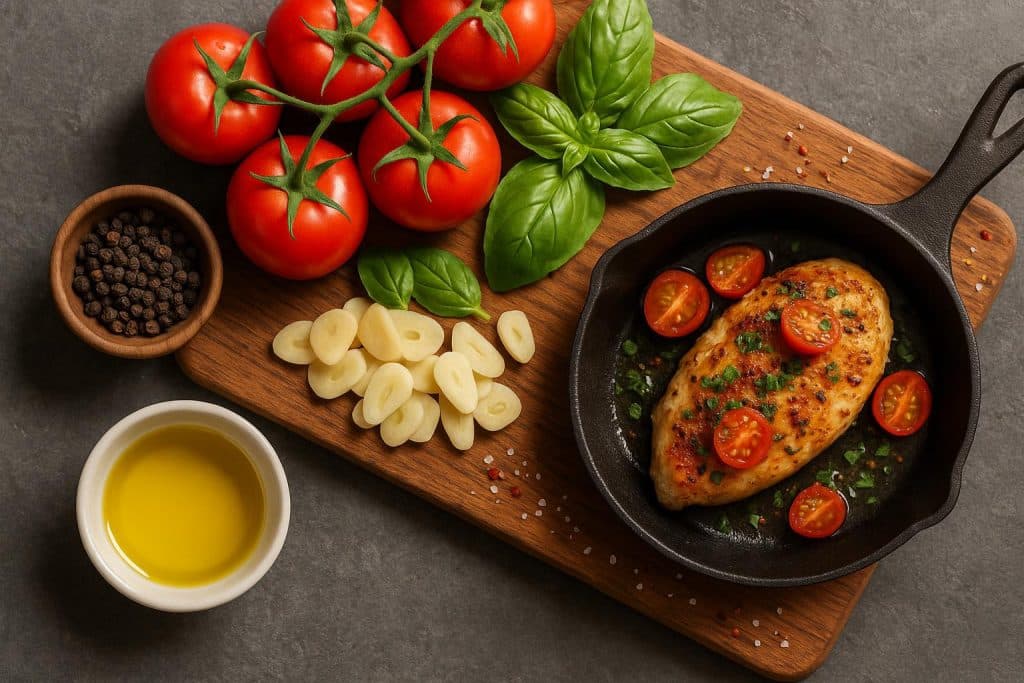 Elevate Your Home-Cooked Meals with These Tips Fresh ingredients and spices arranged on a wooden kitchen countertop for home cooking tips