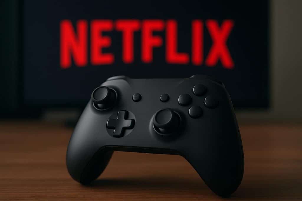 Are the Games on Netflix Worth Playing? Netflix gaming selection highlighted on screen with popular titles and gaming controllers visible.