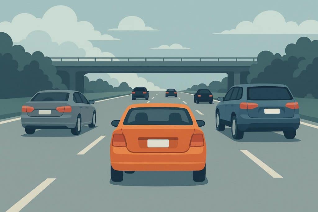 Cars driving below speed limit causing congestion and potential traffic hazards on highway