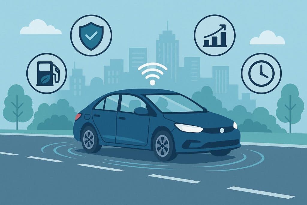 The Benefits of Self-Driving Cars Autonomous vehicle driving on city road showcasing self-driving car technology benefits