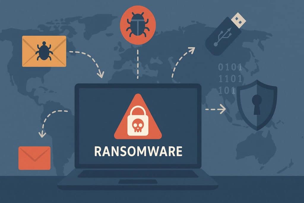 How Ransomware Spreads: Common Infection Vectors and Prevention Tips Ransomware infection flowchart showing common attack vectors and cybersecurity prevention strategies