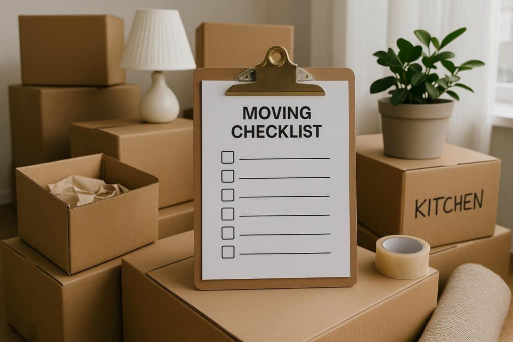 Cardboard boxes and packing supplies organized for a smooth, stress-free moving house process