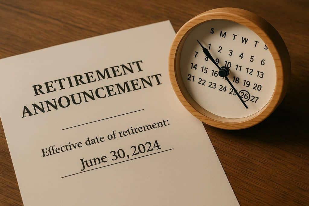 Retirement announcement letter on a desk with calendar and pen, highlighting importance of date