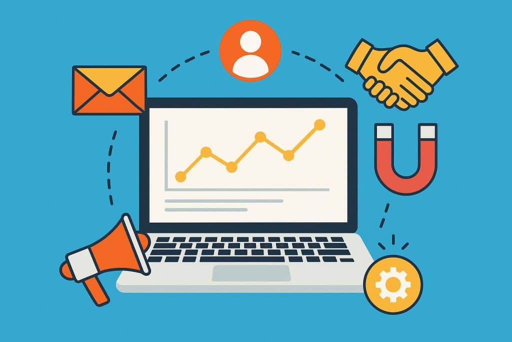Smart Digital Marketing Outreach Strategy: Build Relationships, Not Spam Illustration of digital marketing outreach with email icons connecting businesses and audiences