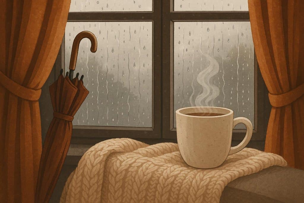 Cozy living room with blanket, hot drink, and raindrops on the window on a cloudy day