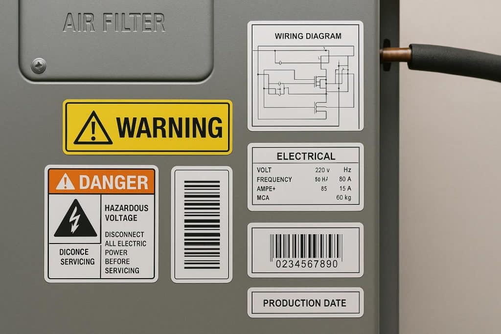6 Labeling Details Technicians Rely On to Stay Compliant on Every HVAC Job Close-up of HVAC unit with compliance labels and technical information stickers visible on the panels
