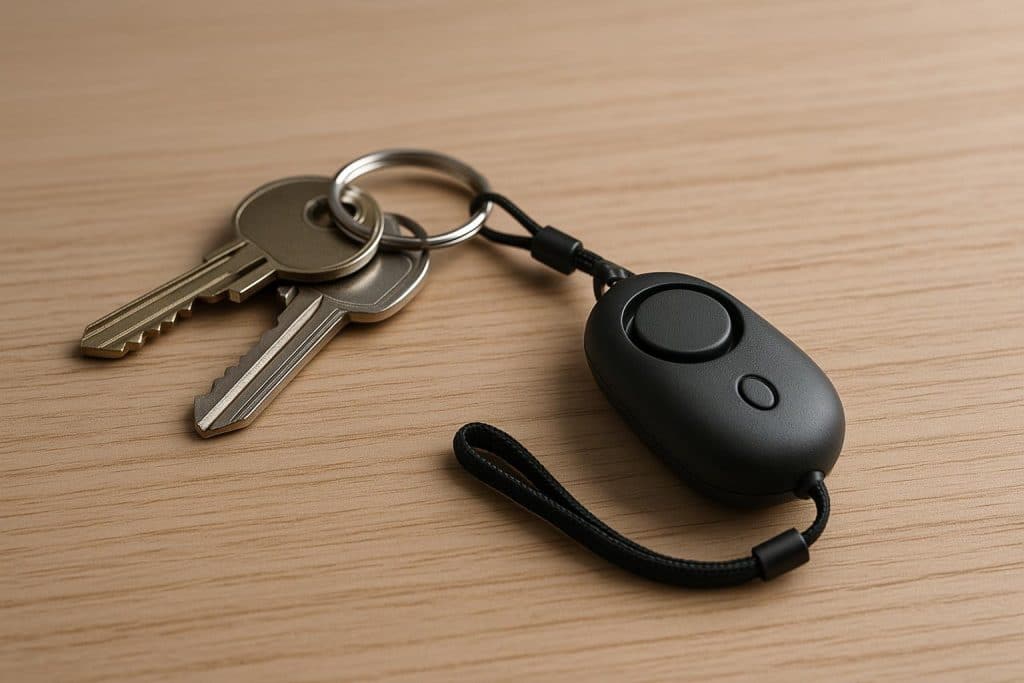 More People Are Attaching Personal Alarms to Their Keys Than Ever This Year Keychain with attached personal safety alarm on set of house and car keys on a wooden table