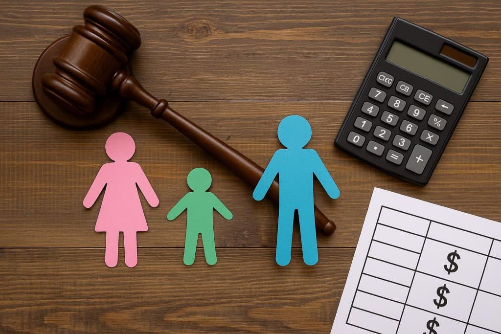 How Do Courts Actually Calculate Child Support Payments Between Parents Gavel, calculator, and child support documents symbolizing court calculation of child support