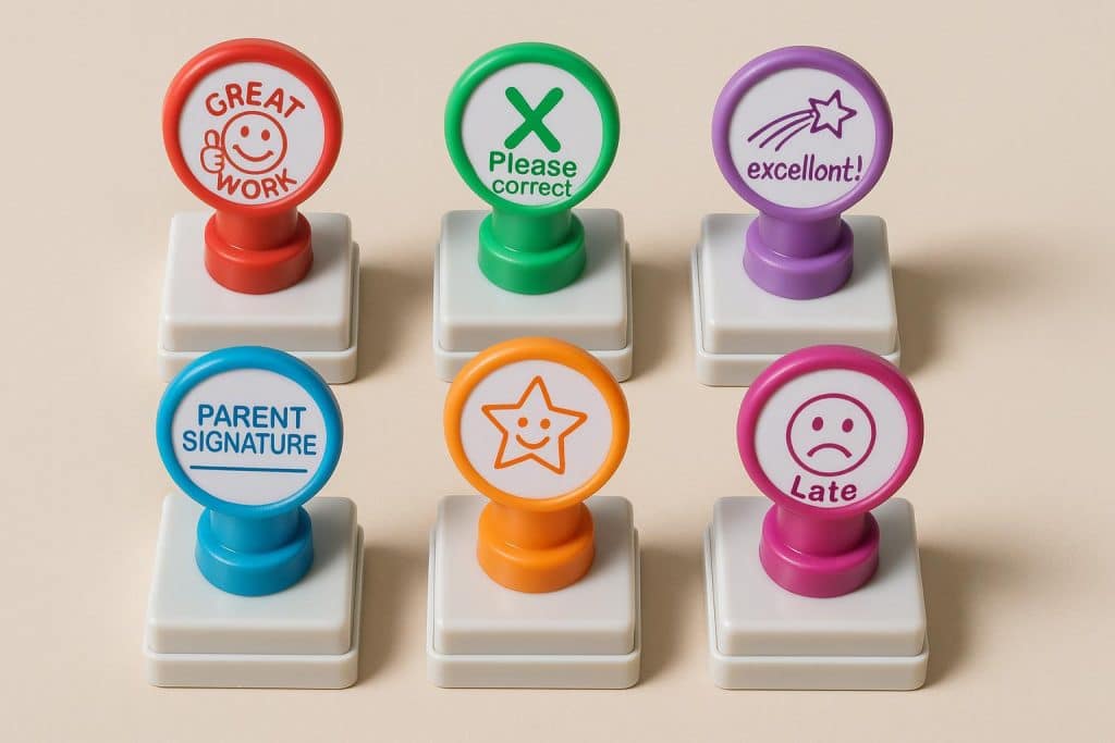 6 Classroom Stamps Teachers Reach for Most Often Assorted classroom stamps commonly used by teachers arranged on a desk for grading and feedback