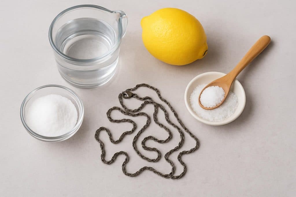 4 Household Ingredients That Restore Tarnished Sterling Silver Chains Sterling silver chains being cleaned with common household ingredients for tarnish removal
