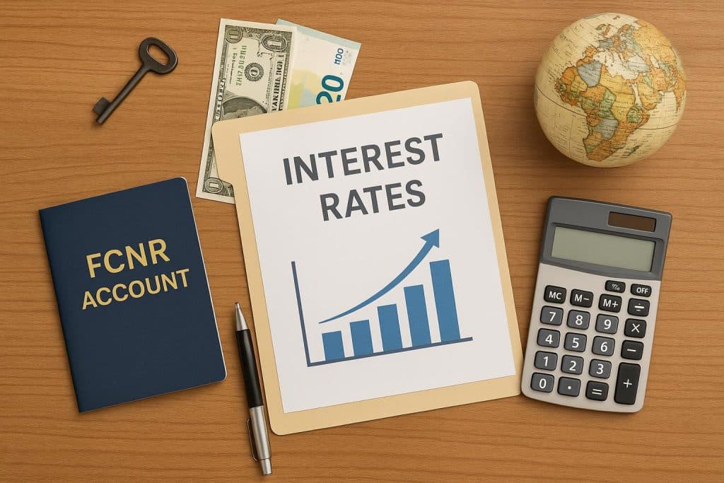 How to open an FCNR account with the best interest rates FCNR account application form with currency symbols and bank building illustrating best interest rates