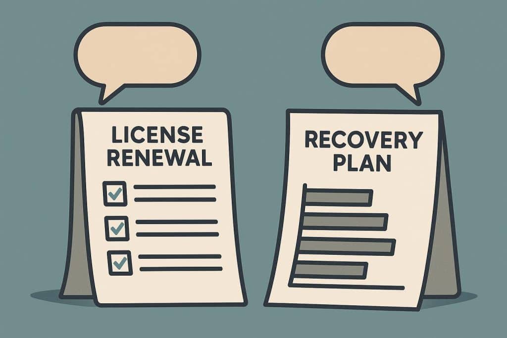 Conflicting license renewal and recovery plan documents lying side by side on a desk