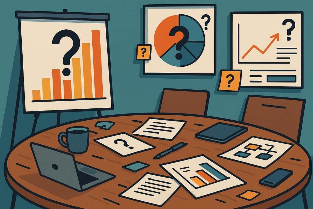 The Marketing Meeting Where Everyone Guessed and Nobody Checked Confused team analyzing marketing data with uncertain expressions around a conference table