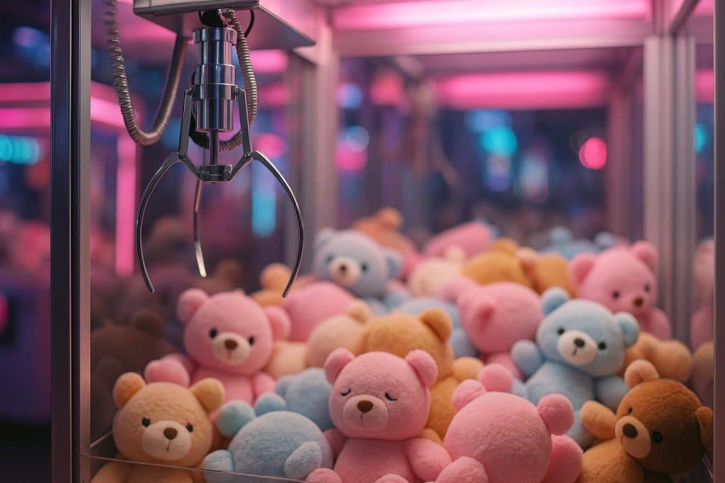 Claw machine filled with colorful plush toys in a lively modern entertainment arcade