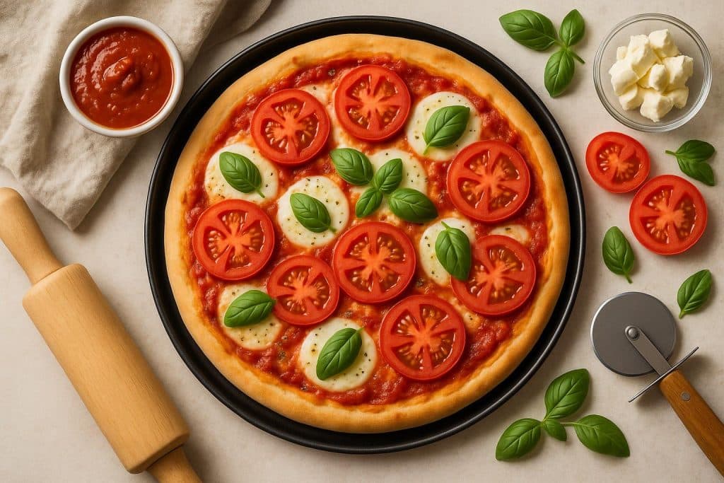 How to Make Simple Homemade Pizza at Home Freshly baked homemade pizza topped with mozzarella, tomatoes, and basil on a wooden table