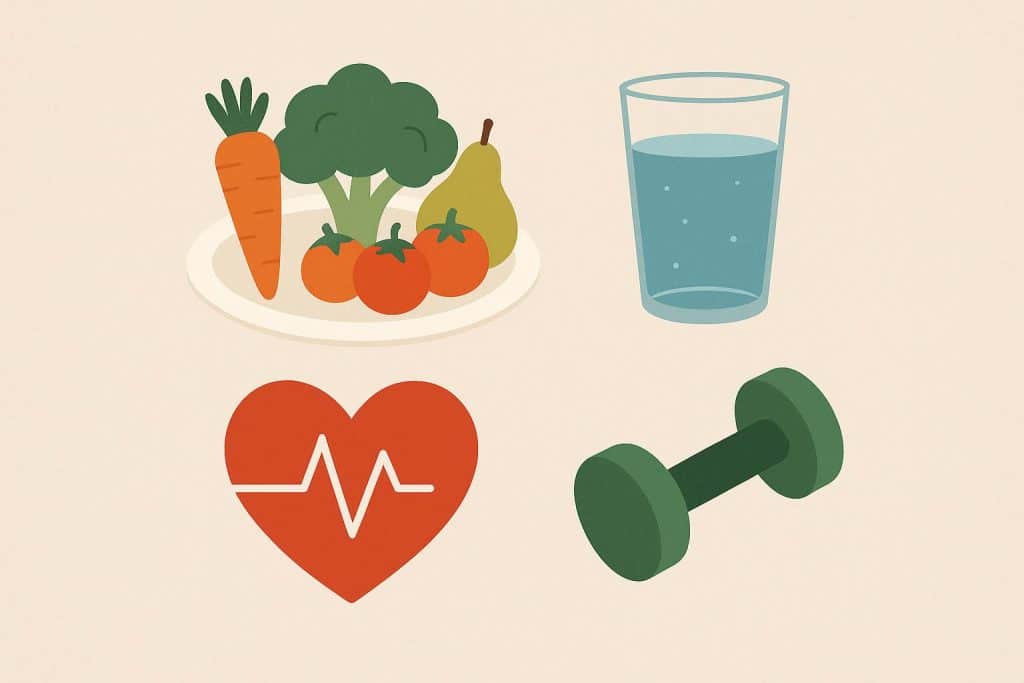 4 Simple Tips to Stay Healthy Fresh fruits, vegetables, running shoes, and a water bottle representing healthy lifestyle tips