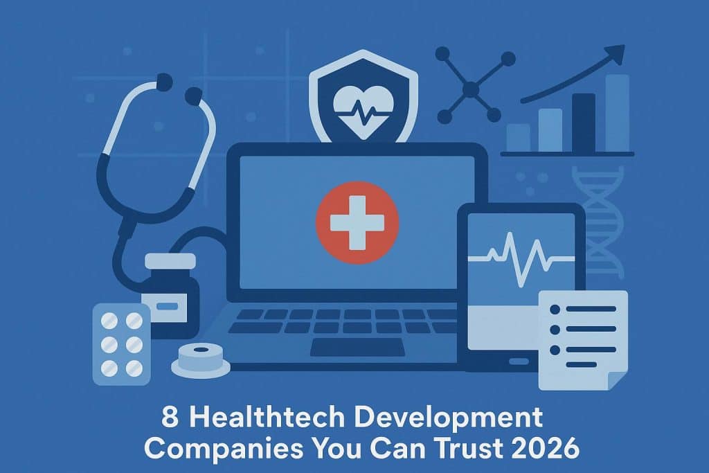 8 Healthtech Development Companies You Can Trust in 2026 Healthtech software development companies showcased with digital technology and healthcare symbols