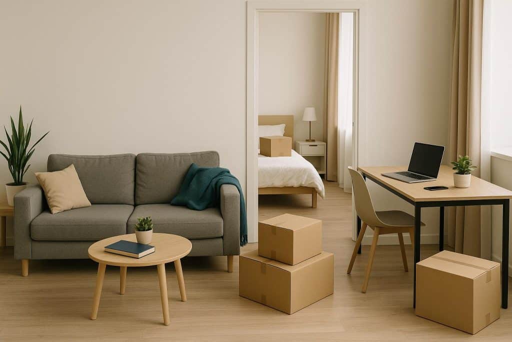 Cozy workspace setup in a temporary apartment for business relocation comfort and productivity