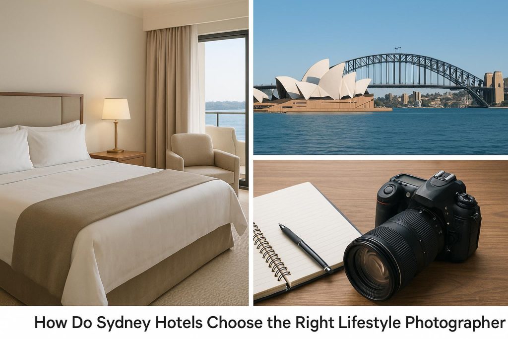 How Do Sydney Hotels Choose the Right Lifestyle Photographer? Sydney hotel lobby with a lifestyle photographer capturing stylish interior and guest experience