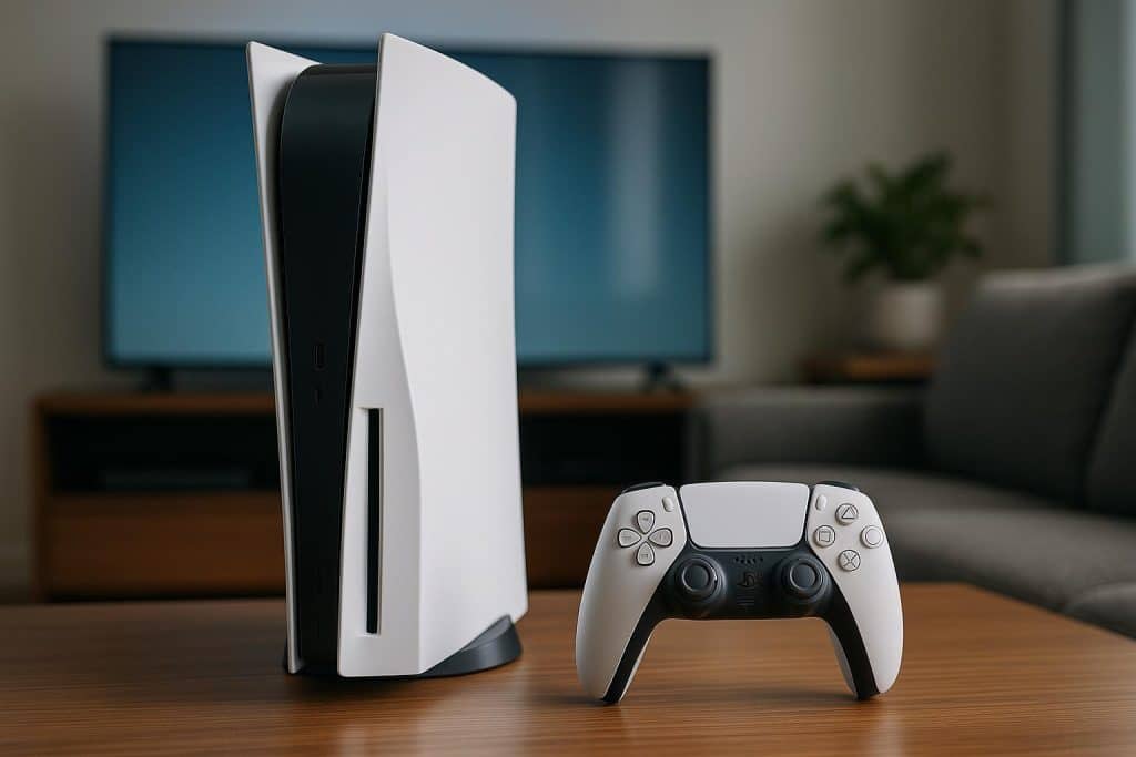 PlayStation 5 console setup on a living room entertainment center with controller and TV