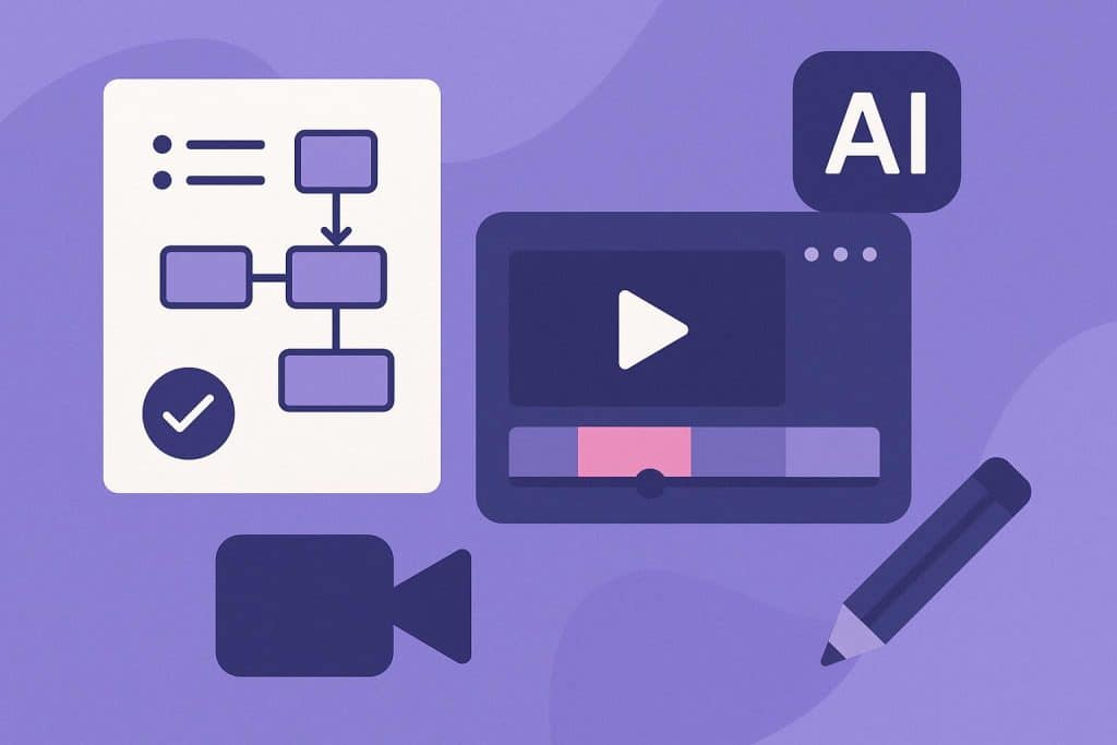 Plan AI Video Clips Before You Generate Them Storyboard and planning icons illustrating AI video clip creation and workflow process.