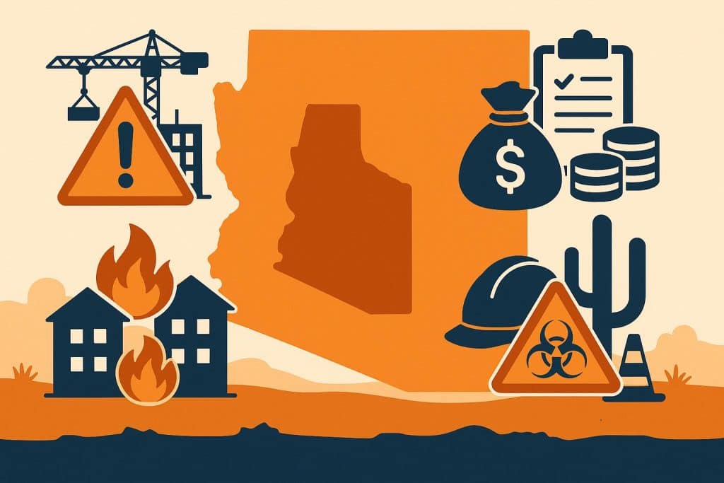 5 Risks Arizona Construction Companies Should Prioritize Arizona construction site with machinery and safety signage highlighting top industry risks