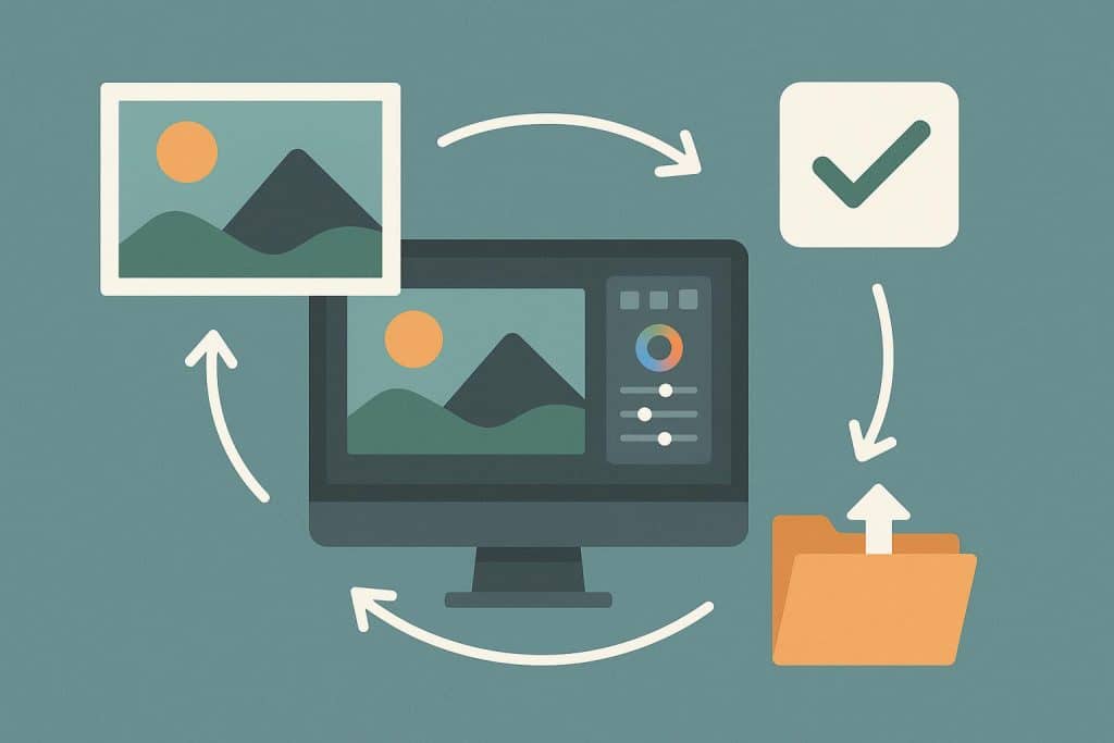 Building a Reliable Photo Editing Workflow from First Review to Final Export Photo editing workflow with editing tools, color adjustments, and export process on a computer screen