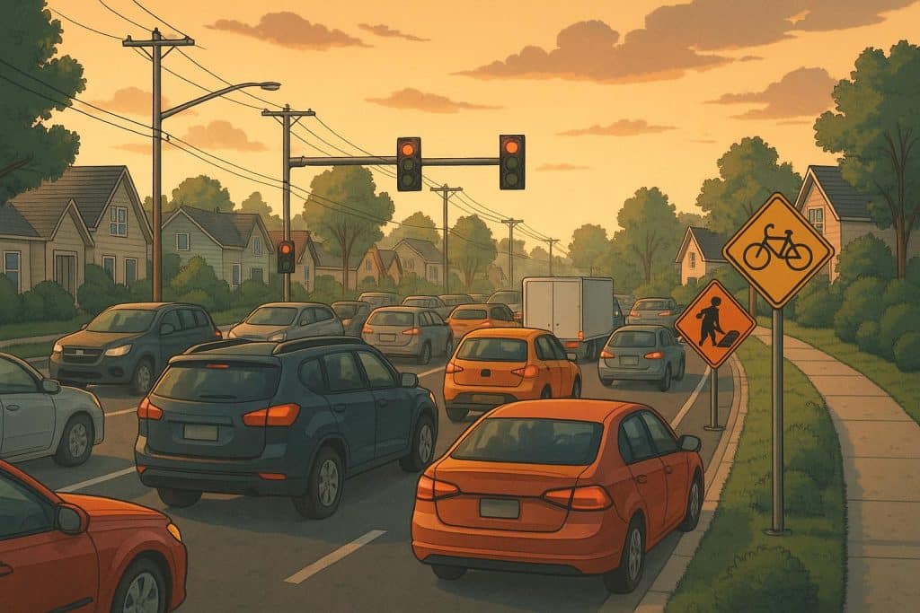 Navigating Suburban Traffic Hazards During Peak Hours Congested suburban road with cars and traffic signs during peak commuting hours