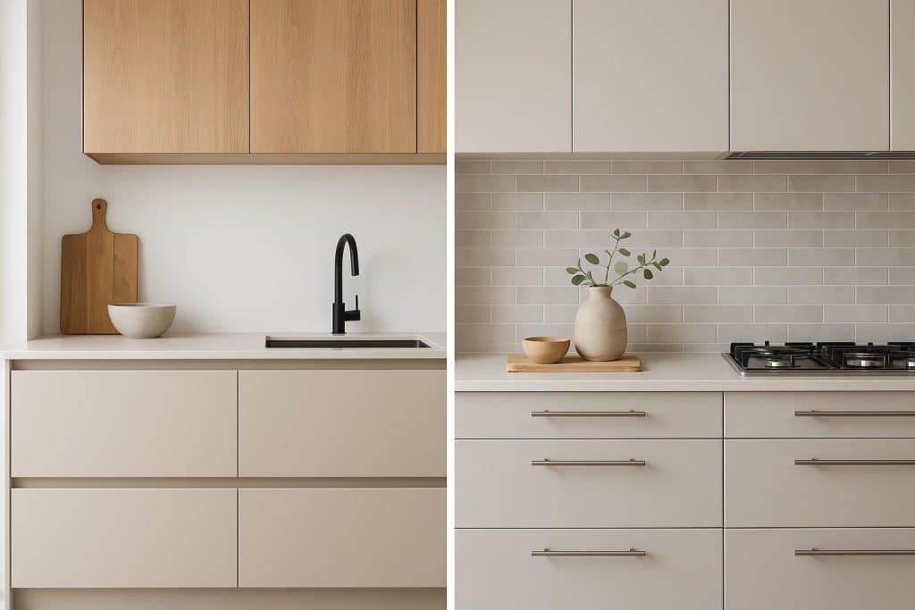 Handleless vs Handled Kitchen Cabinetry in Perth: More Than an Aesthetic Decision Modern Perth kitchen showcasing both handleless and handled cabinetry in a contemporary setting