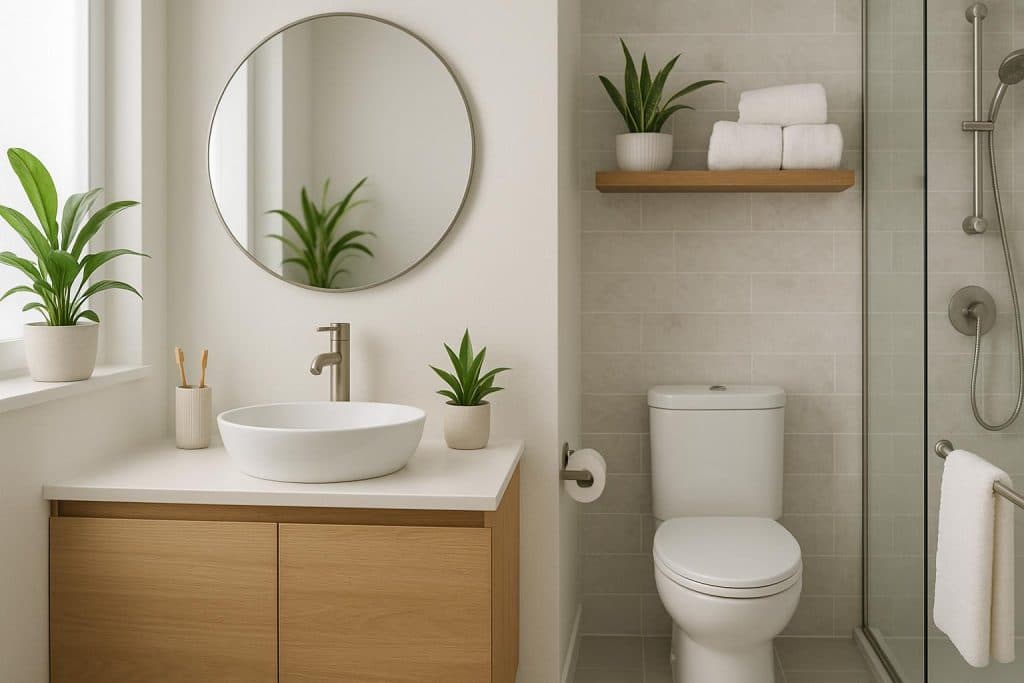 Modern bathroom with natural light, green plants, and clean surfaces promoting a healthy home