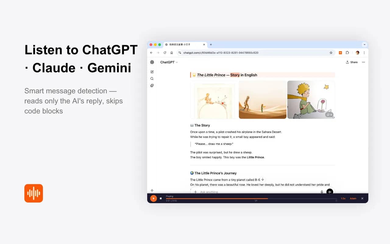 Product screenshot — CastReader reading an individual ChatGPT response with active playback, progress, speed, and voice controls. Source: CastReader official Chrome Web Store listing, captured August 26, 2026. © CastReader. ChatGPT is a trademark of OpenAI; CastReader is not affiliated with OpenAI.