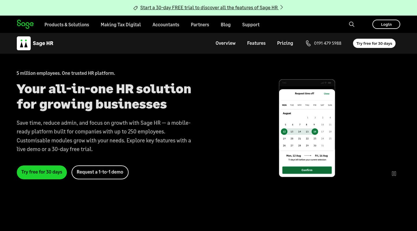 Sage HR's website homepage