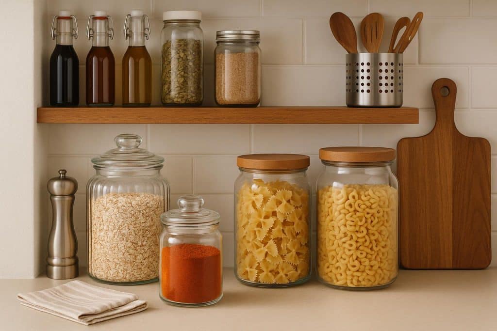 The Small Pantry Upgrades That Make Everyday Cooking Better Organized kitchen pantry shelves with labeled containers and upgraded storage for cooking essentials