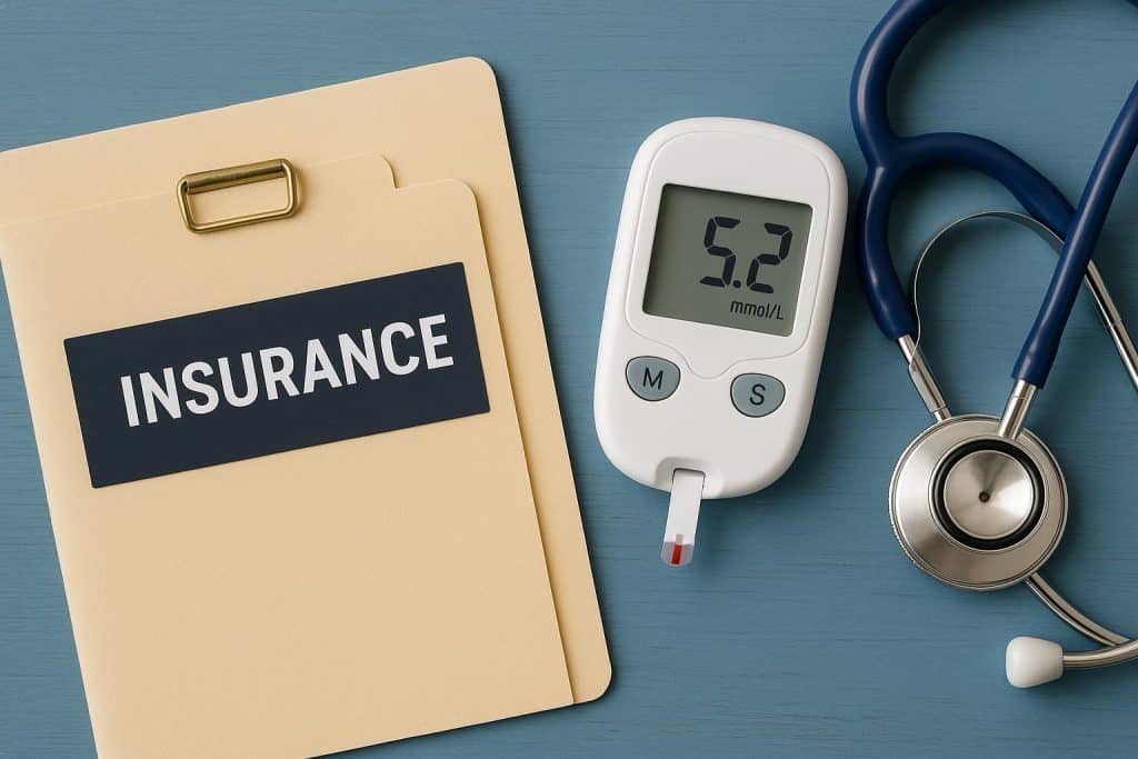Can You Buy Term Insurance If You Have Diabetes? Term insurance policy document with stethoscope and glucose meter representing diabetes coverage