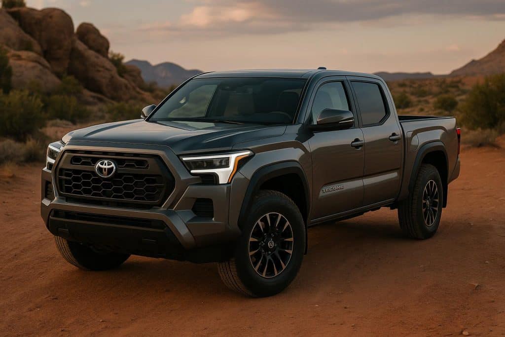 Features of the New Toyota Tacoma 2024 Toyota Tacoma showcasing exterior design and key features on showroom floor