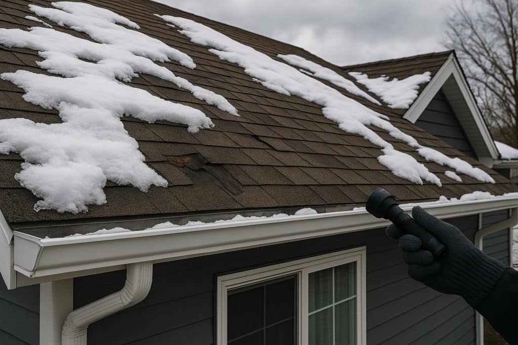 What to Check on Your Roof After Heavy Snow or Wind in Utah Utah residential roof covered in snow showing potential storm damage after heavy weather