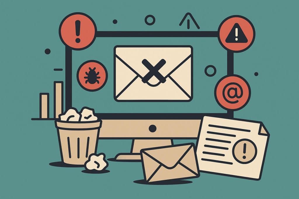 Email marketing concept with inbox, envelope icons, and warning signs for small business mistakes