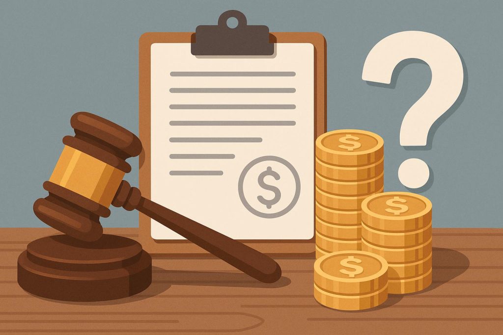 Personal injury claim concept with scales of justice, gavel, and compensation documents on desk