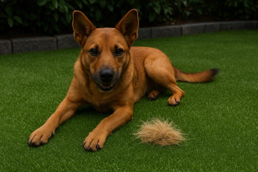 Artificial turf with dog playing, showcasing durability for daily pet use in a yard